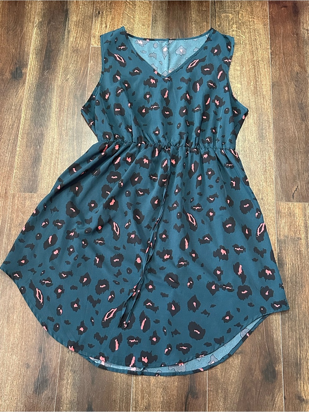 SHIEN Sleeveless Teal Leopard Print Drawstring Dress Size 3XL